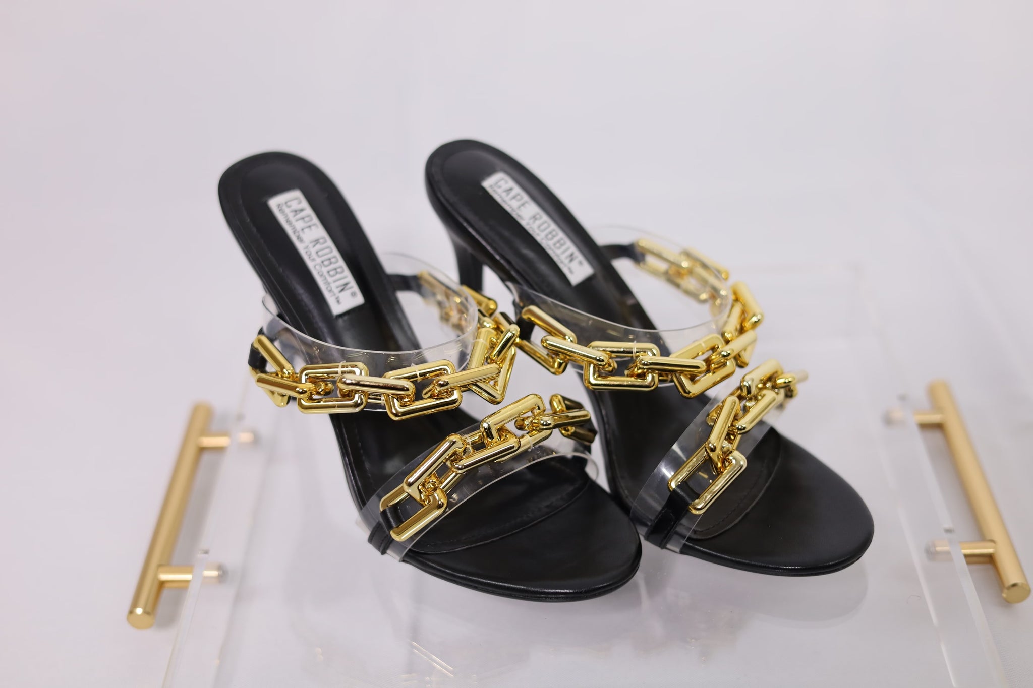 Clear, Black, and Gold Link Heeled Sandals